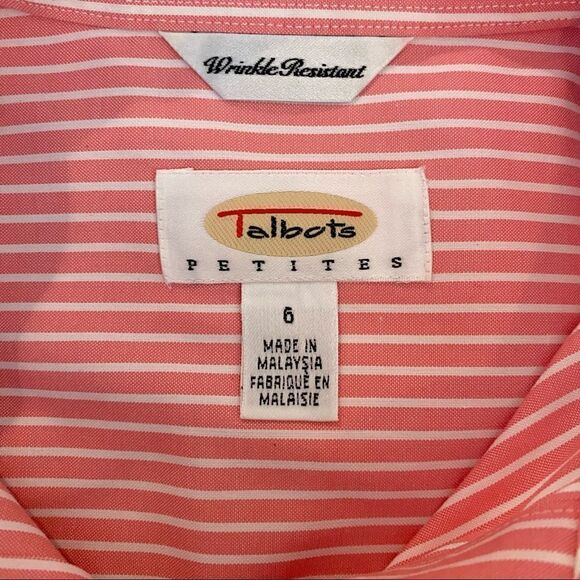 Talbots Petites Wrinkle Resistant Cotton Long Sleeve Blouse Pink + White Stripe - Picture 3 of 6